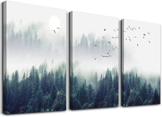 3 Piece Canvas Wall Art for Living Room- Wall Decorations for Bedroom Foggy Forest Trees Landscape Painting- Modern Home Decor Stretched and Framed Ready to Hang Pictures- 12"X16"X3 Panels Wall Decor