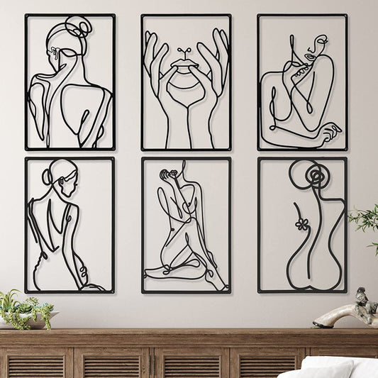 6 Pcs Metal Wall Decor Metal Minimalist Abstract Woman Wall Art Modern Minimalist Decor Aesthetic Female Hanging Art Large Single Line Wall Sculpture for Home Bedroom Living Room (Black)