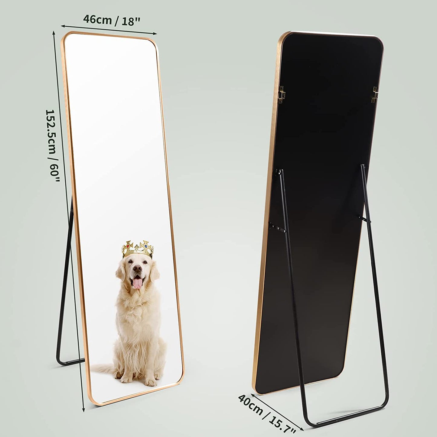 PHAREGE Brass Gold Full Length Mirror with Stand, 60x18 inch Full Body Size  Standing Mirror for Bedroom Floor, Rectangle Round Corner Aluminum Framed  Mirror for…